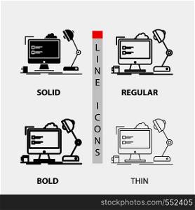 workplace, workstation, office, lamp, computer Icon in Thin, Regular, Bold Line and Glyph Style. Vector illustration. Vector EPS10 Abstract Template background