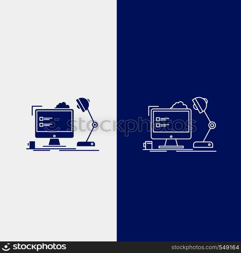 workplace, workstation, office, lamp, computer Line and Glyph web Button in Blue color Vertical Banner for UI and UX, website or mobile application. Vector EPS10 Abstract Template background