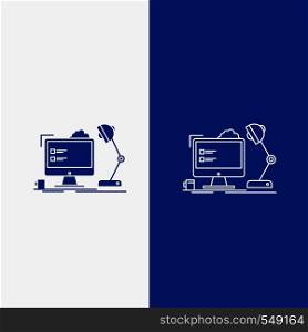 workplace, workstation, office, lamp, computer Line and Glyph web Button in Blue color Vertical Banner for UI and UX, website or mobile application. Vector EPS10 Abstract Template background