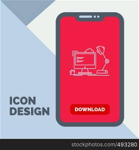 workplace, workstation, office, lamp, computer Line Icon in Mobile for Download Page. Vector EPS10 Abstract Template background