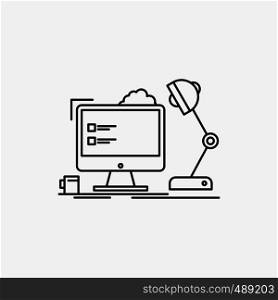 workplace, workstation, office, lamp, computer Line Icon. Vector isolated illustration. Vector EPS10 Abstract Template background