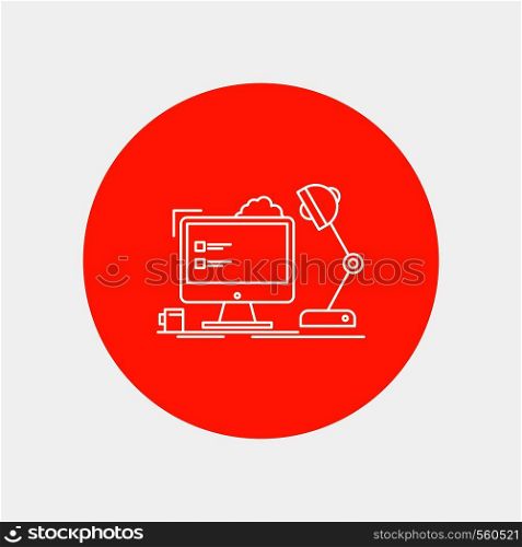 workplace, workstation, office, lamp, computer White Line Icon in Circle background. vector icon illustration. Vector EPS10 Abstract Template background