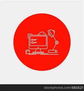 workplace, workstation, office, lamp, computer White Line Icon in Circle background. vector icon illustration. Vector EPS10 Abstract Template background