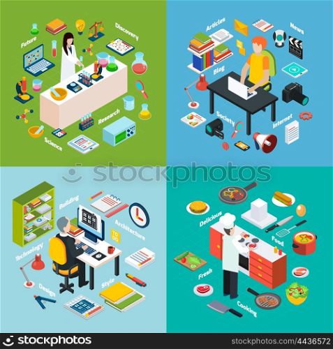 Workplaces Professions 2x2 Isometric Compositions. Isometric 2x2 compositions presenting different professions workplaces scientist reporter engineer and cook with their equipments vector illustration