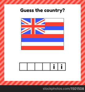 Worksheet on geography for preschool and school kids. Crossword. Hawaii flag. Cuess the country. Vector illustration.. Worksheet on geography for preschool and school kids. Crossword. Hawaii flag. Cuess the country.