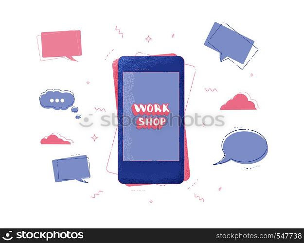 Workshop announcement composition. Template with handwritten lettering on phone screen and decoration. Vector illustration.