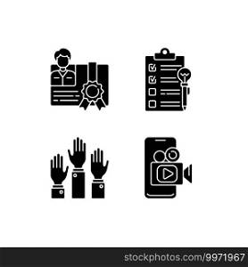 Workshop black glyph icons set on white space. Mobile broadcast. Participation in educational project. Education fee. Goals for study. Silhouette symbols. Vector isolated illustration. Workshop black glyph icons set on white space