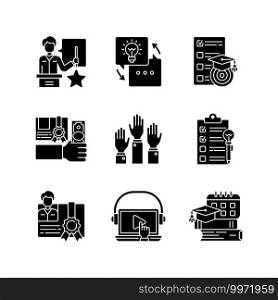 Workshop black glyph icons set on white space. Training participation. Hands-on learning. Mobile broadcast. Creative idea generation. Silhouette symbols. Vector isolated illustration. Workshop black glyph icons set on white space