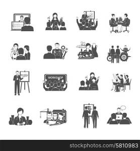 Workshop black icons set with interactive business meeting symbols isolated vector illustration. Workshop Icons Set