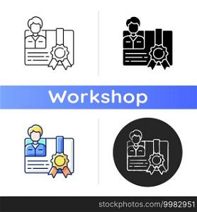 Workshop certificate icon. Result of study. Proof of proficiency. Form with photo. Training. Getting professional skills. Linear black and RGB color styles. Isolated vector illustrations. Workshop certificate icon