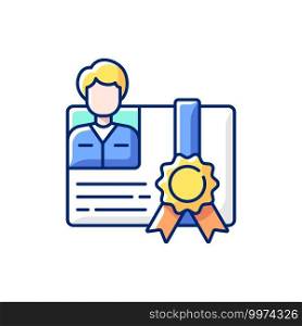 Workshop certificate RGB color icon. Result of study. Proof of proficiency. Form with photo. Getting new practical skills. Getting professional skills. Isolated vector illustration. Workshop certificate RGB color icon