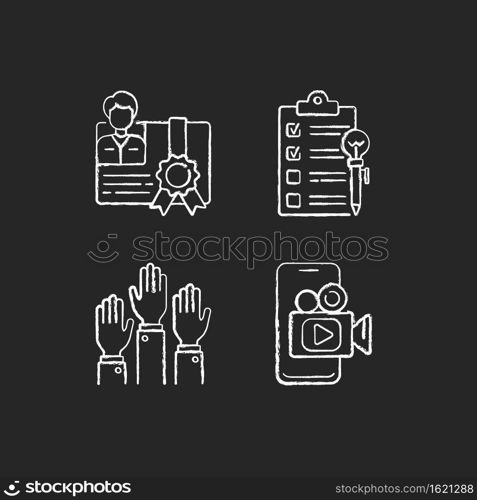 Workshop chalk white icons set on black background. Mobile broadcast. Participation in educational project. Education fee. Goals for study. Isolated vector chalkboard illustrations. Workshop chalk white icons set on black background