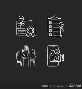 Workshop chalk white icons set on black background. Mobile broadcast. Participation in educational project. Education fee. Goals for study. Isolated vector chalkboard illustrations. Workshop chalk white icons set on black background