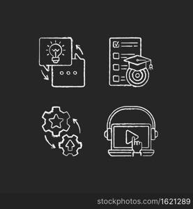 Workshop chalk white icons set on black background. On-demand webinar. Goals for study. List of learning goals. Leveling up practical skills. Isolated vector chalkboard illustrations. Workshop chalk white icons set on black background