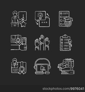 Workshop chalk white icons set on black background. Training participation. Hands-on learning. Mobile broadcasts. Creative idea generation. Isolated vector chalkboard illustrations. Workshop chalk white icons set on black background