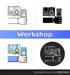 Workshop feee icon. Paying fees for mastery courses. Available lessons. Getting new skills. Modern education. Professional skills. Linear black and RGB color styles. Isolated vector illustrations. Workshop fee icon