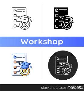 Workshop goals icon. Achievements of goals. Formation of a strategy subject to prioritization. Training. Workshop icon. Linear black and RGB color styles. Isolated vector illustrations. Workshop goals icon