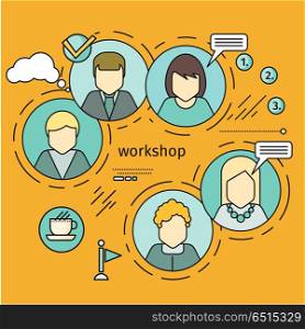 Workshop horizontal vector concept in flat style. Self development, personal qualifying training. Illustration for educational companies, career courses advertising, web page design. Workshop Concept Vector Illustration In Flat Style. Workshop Concept Vector Illustration In Flat Style