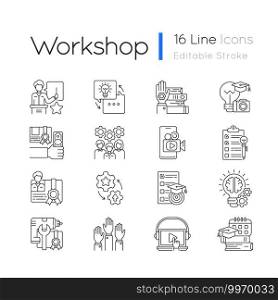 Workshop linear icons set. Knowledgeable presenter. Sharing experience. Workshop certificate. Customizable thin line contour symbols. Isolated vector outline illustrations. Editable stroke. Workshop linear icons set