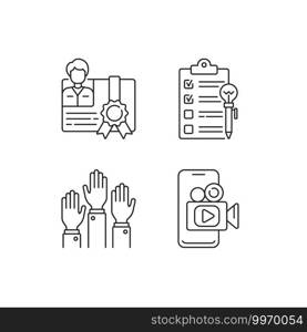 Workshop linear icons set. Mobile broadcast. Participation in educational project. Goals for study. Customizable thin line contour symbols. Isolated vector outline illustrations. Editable stroke. Workshop linear icons set