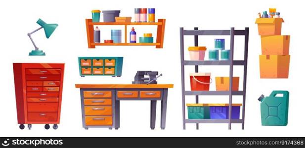 Workshop room interior in garage or basement. Isolated carpentry tool storage on white background. Shelf with equipment and box in engineer storeroom set. Canister and old rack with toolbox collection. Workshop room interior in garage, tool storage