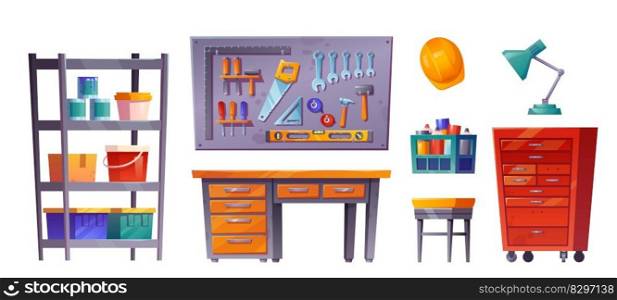 Workshop room interior in garage or basement set. Isolated carpentry tool storage on white background. Shelf and board with equipment, box in engineer storeroom. Canister and old rack collection. Workshop room interior in garage, tool storage