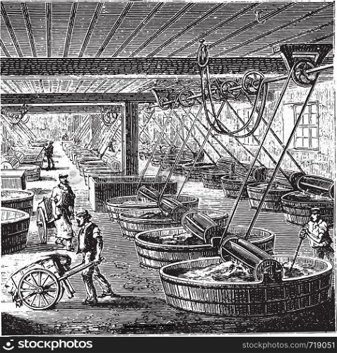 Workshop tanning with sumac, vintage engraved illustration. Industrial encyclopedia E.-O. Lami - 1875.