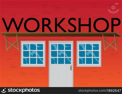 Workshop text with front door background. Bar, Cafe or drink establishment front with poster.