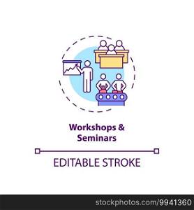 Workshops and seminars concept icon. Staff training type idea thin line illustration. Meeting for group discussion. Lectures, practicals. Vector isolated outline RGB color drawing. Editable stroke. Workshops and seminars concept icon