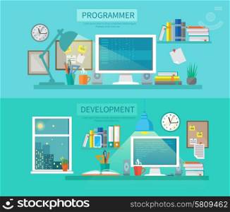 Workspace Banner Set. Workspace horizontal banner set with programmer and development elements isolated vector illustration