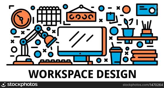 Workspace design banner. Outline illustration of workspace design vector banner for web design. Workspace design banner, outline style