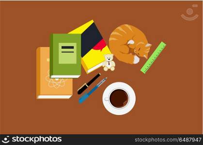 Workspace for Education. Cat Book and Coffee. Workspace for education. Cat book and coffee. Education icon, school learning, education concept, book for education, workspace or workplace for education, notebook and cup of coffee illustration