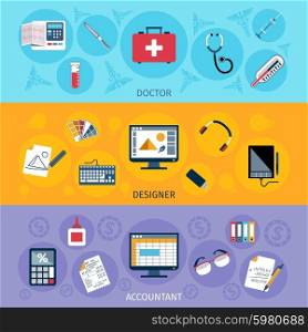 Workspace horizontal banner set with doctor designer and accountant tools isolated vector illustration. Workspace Banner Set