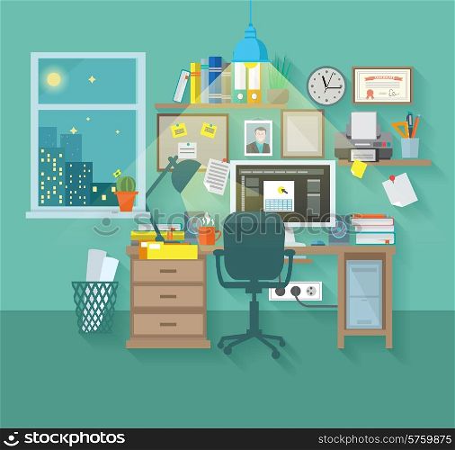 Workspace in room interior with desk chair home computer and stationery vector illustration. Workspace In Room