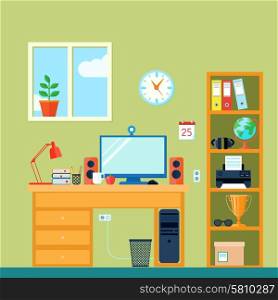 Workspace in room with computer on desk and bookshelf flat vector illustration. Workspace In Room