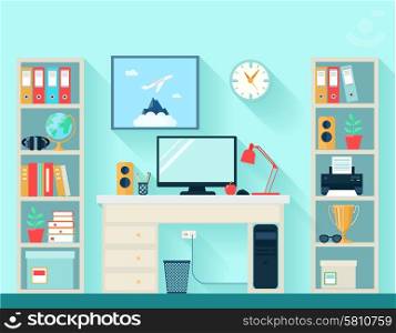 Workspace in room with computer table and bookshelves on blue wallpaper background flat vector illustration. Workspace In Room