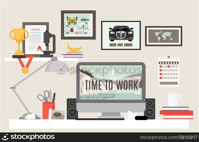 Workspace in room with desk computer and work items flat vector illustration. Flat Room Workspace