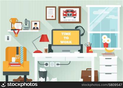 Workspace in room with flat work study and interior icons vector illustration. Workspace In Room