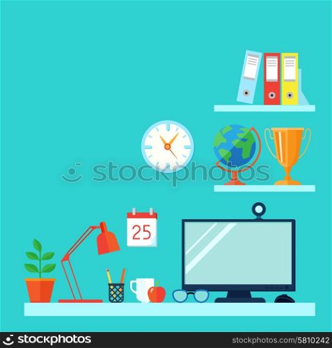 Workspace in room with table computer and bookshelves flat vector illustration. Workspace In Room