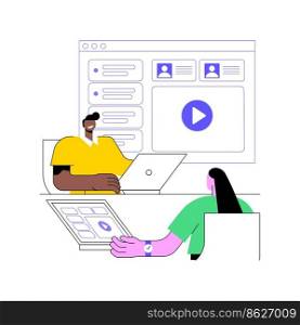 Workspace isolated cartoon vector illustrations. Group of diverse people using laptops, common online workspace, virtual classroom, data visualization, online learning vector cartoon.. Workspace isolated cartoon vector illustrations.