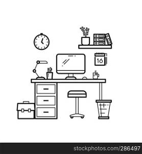Workspace line concept - outline workplace with computer on white background. Vector illustration. Workspace line concept - outline workplace with computer on white background