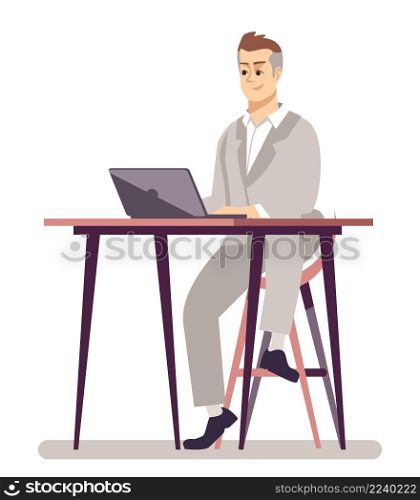 Workspace semi flat RGB color vector illustration. Mature man in suit working on laptop isolated cartoon character on white background. Workspace semi flat RGB color vector illustration