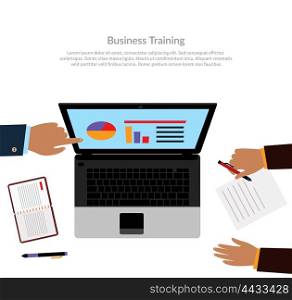 Workspace training design flat. Business training course learning and train, education business office technology and management. Business coach analyzes business performance on laptop monitor