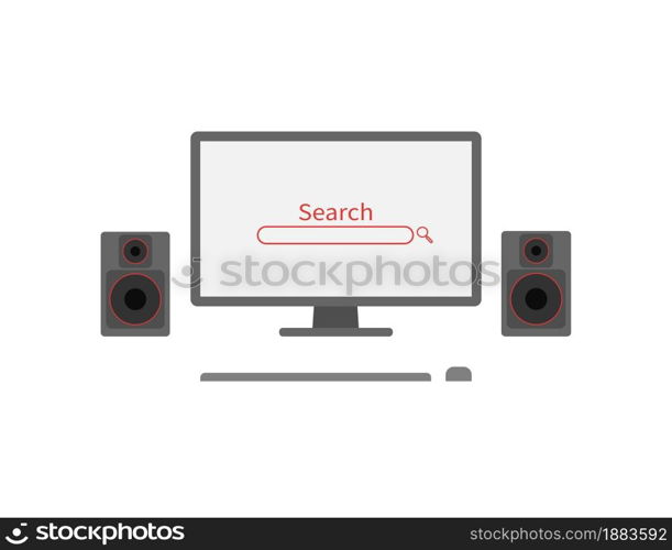 Worktable computer monitor with speakers and search in flat, vector. Worktable computer monitor with speakers and search in flat