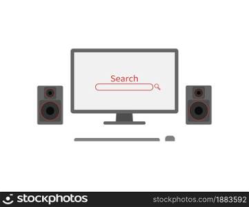 Worktable computer monitor with speakers and search in flat, vector. Worktable computer monitor with speakers and search in flat