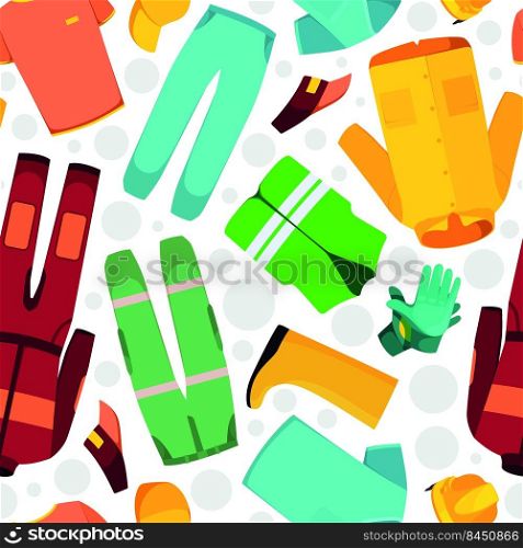 Workwear pattern. Fashioned textile design template with different uniform clothes jackets pants and suits garish vector seamless background. Illustration of pattern seamless workwear. Workwear pattern. Fashioned textile design template with different uniform clothes jackets pants and suits garish vector seamless background