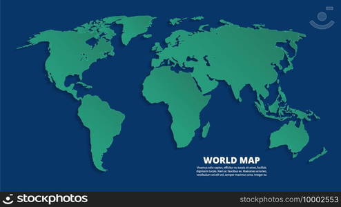 World 3d map. Earth green map on blue background. Vector template for business infographic, eco concept. Illustration of earth world map, continent worldwide geography. World 3d map. Earth green map on blue background. Vector template for business infographic, eco concept