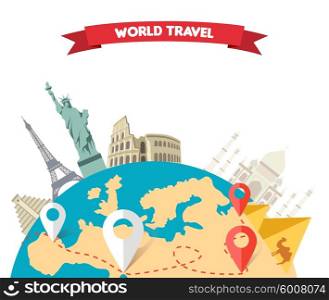 World adventure travel. Relaxation journey, leisure rest tourism, statue liberty, eiffel tower, colosseum, trip global tour. Travel world, globe world map, around the world, globe travel, world tou