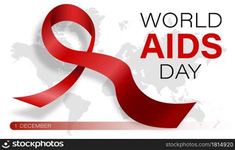 World AIDS Day 1 December. Red ribbon against background of continents of earth. Poster for World AIDS Day. Vector. World AIDS Day 1 December. Red ribbon on female hand against background of continents of earth. Poster for World AIDS Day. Vector