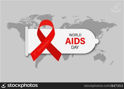 World Aids Day. Aids awareness. Red Ribbons with condom on earth background. Eps10. World Aids Day. Aids awareness. Red Ribbons with condom on earth background